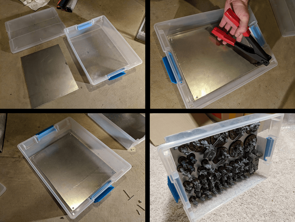 A four picture grid. The first image shows a plastic bin and a square of metal. The second shows someone clamping the metal inside the bin. The third photo shows the metal neatly in the bin. The fourth photo is a set of small miniatures sitting in the bin.